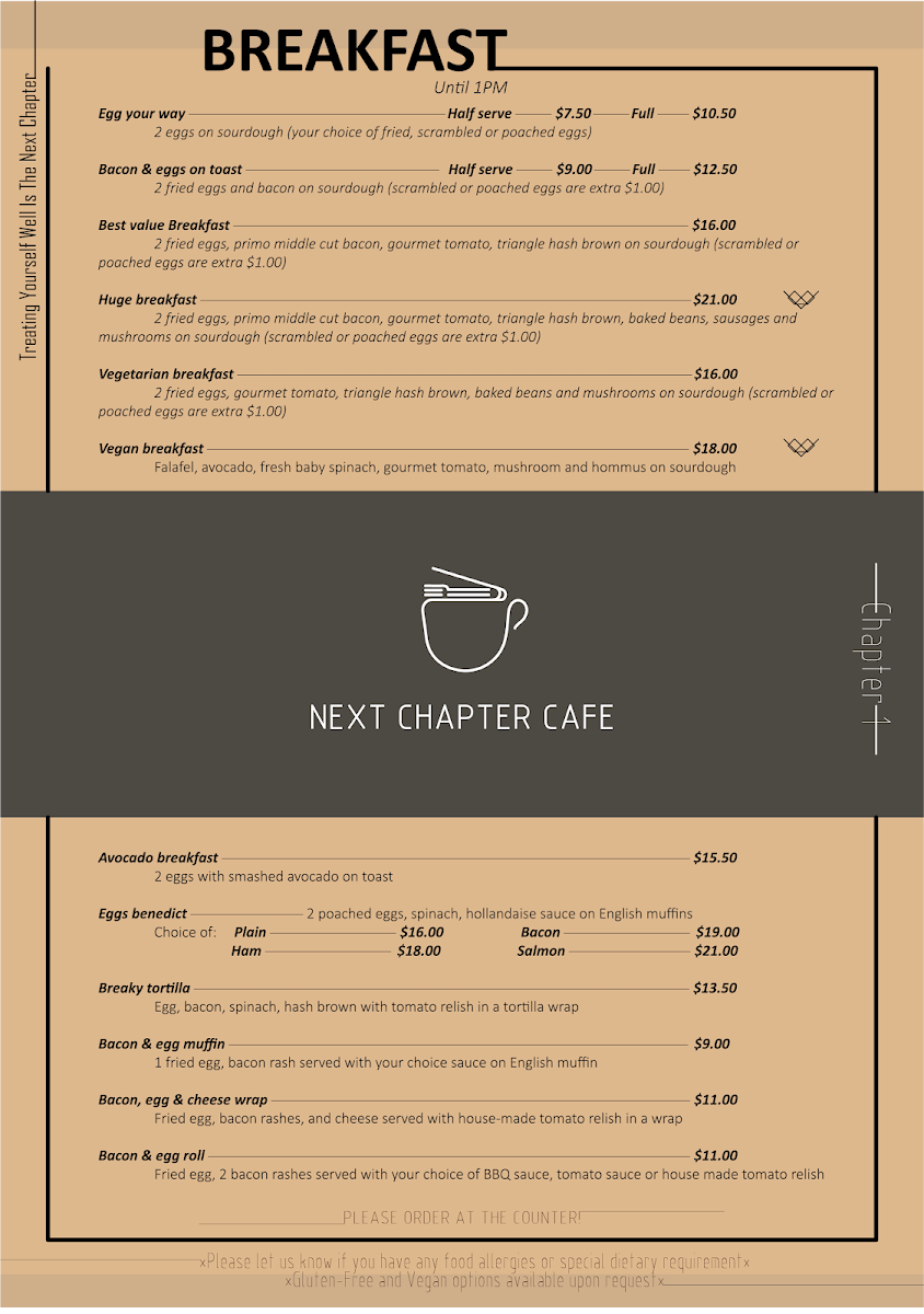 Menu, Next Chapter Cafe