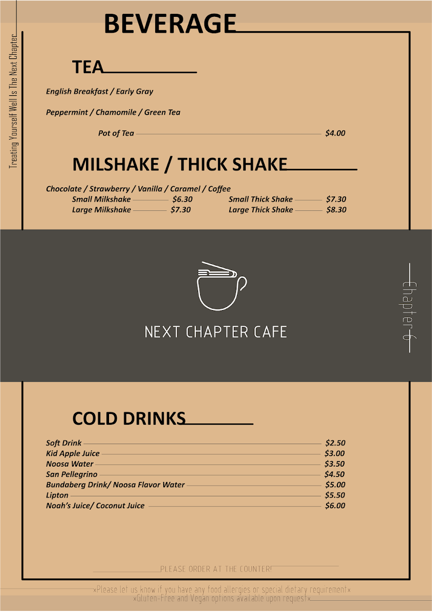 Menu, Next Chapter Cafe