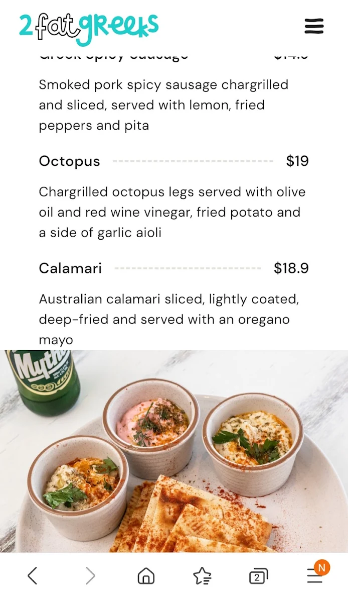 Menu, 2 Fat Greeks