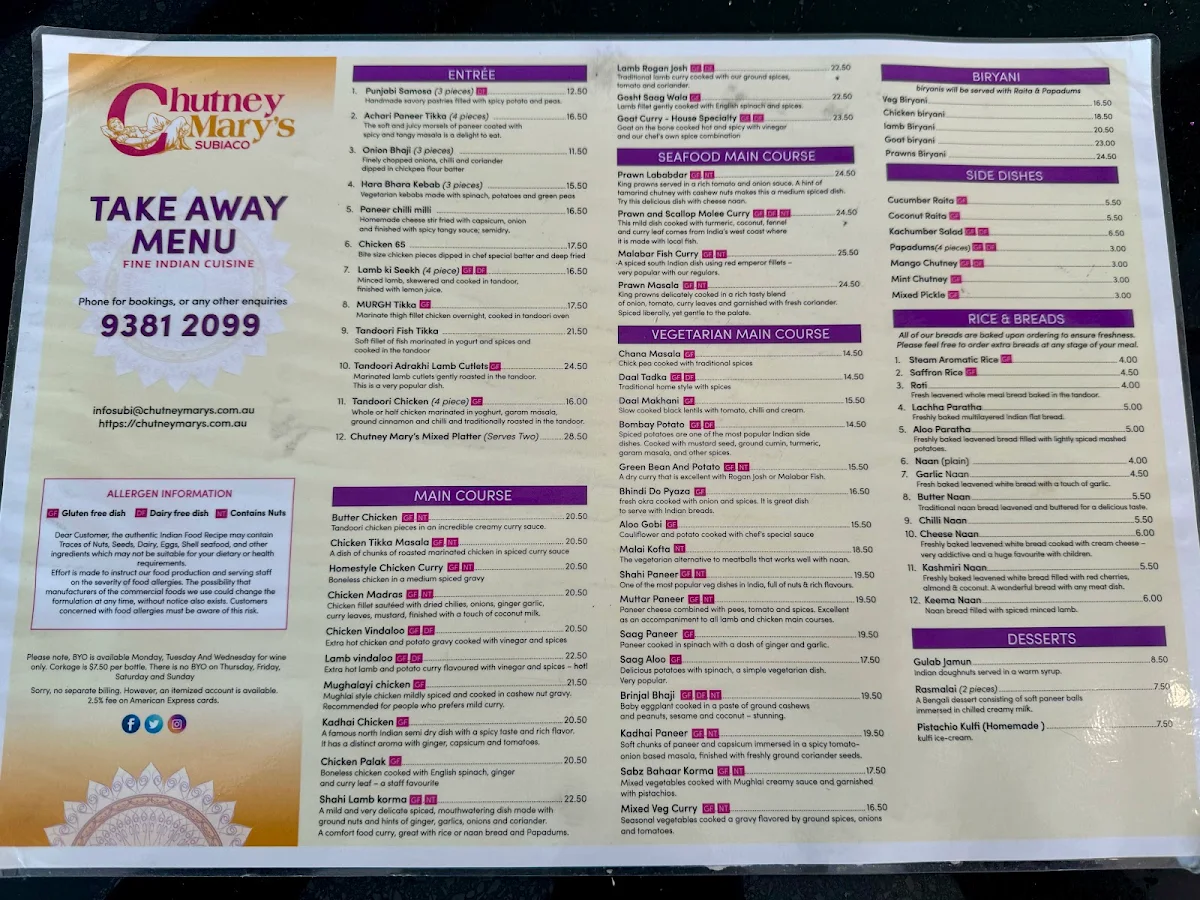 Menu, Chutney Mary's Indian Restaurant ️