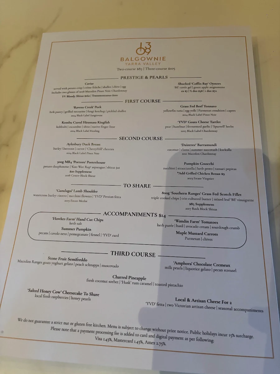 Menu, 1309 at Balgownie Estate