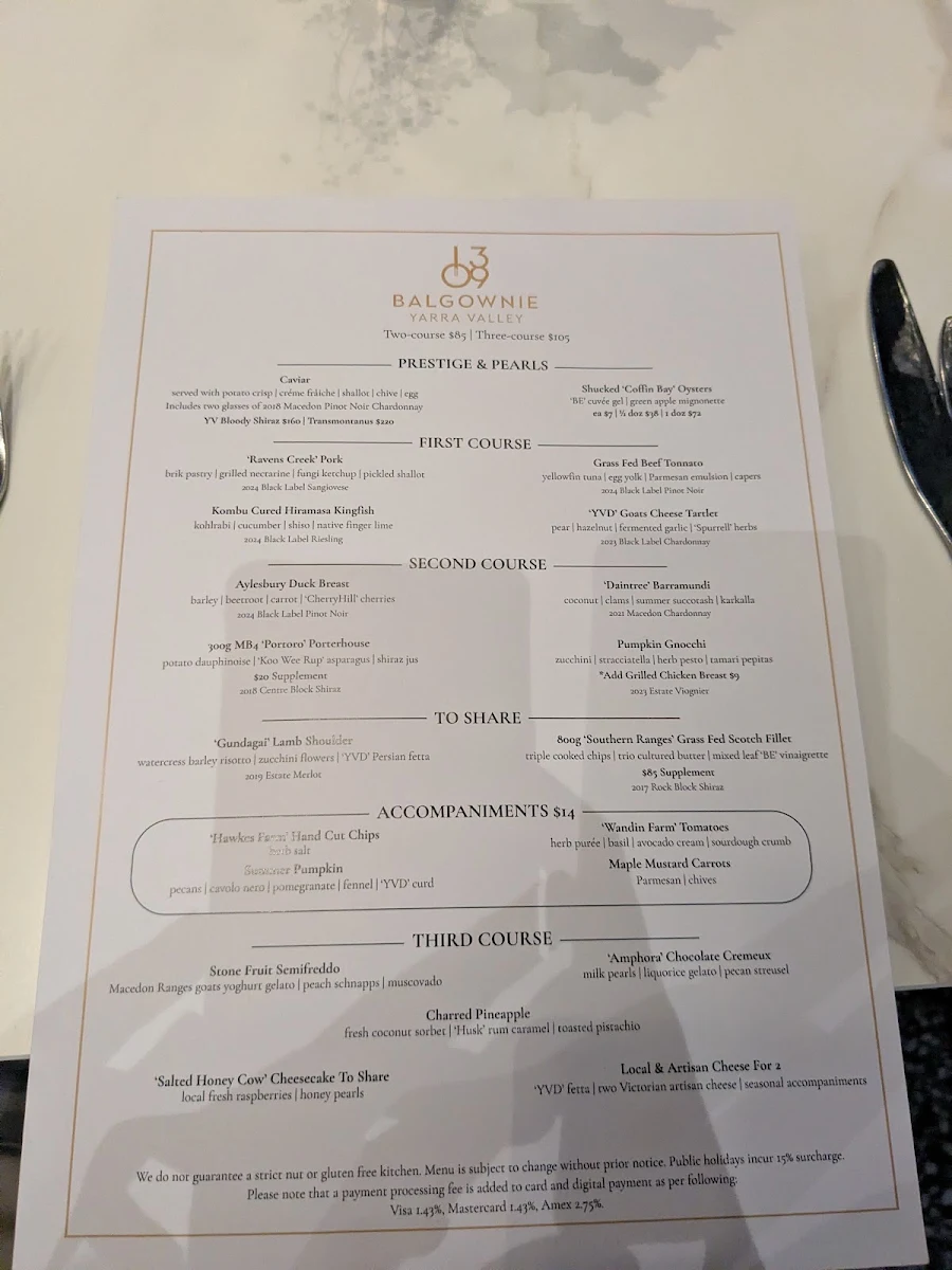 Menu, 1309 at Balgownie Estate