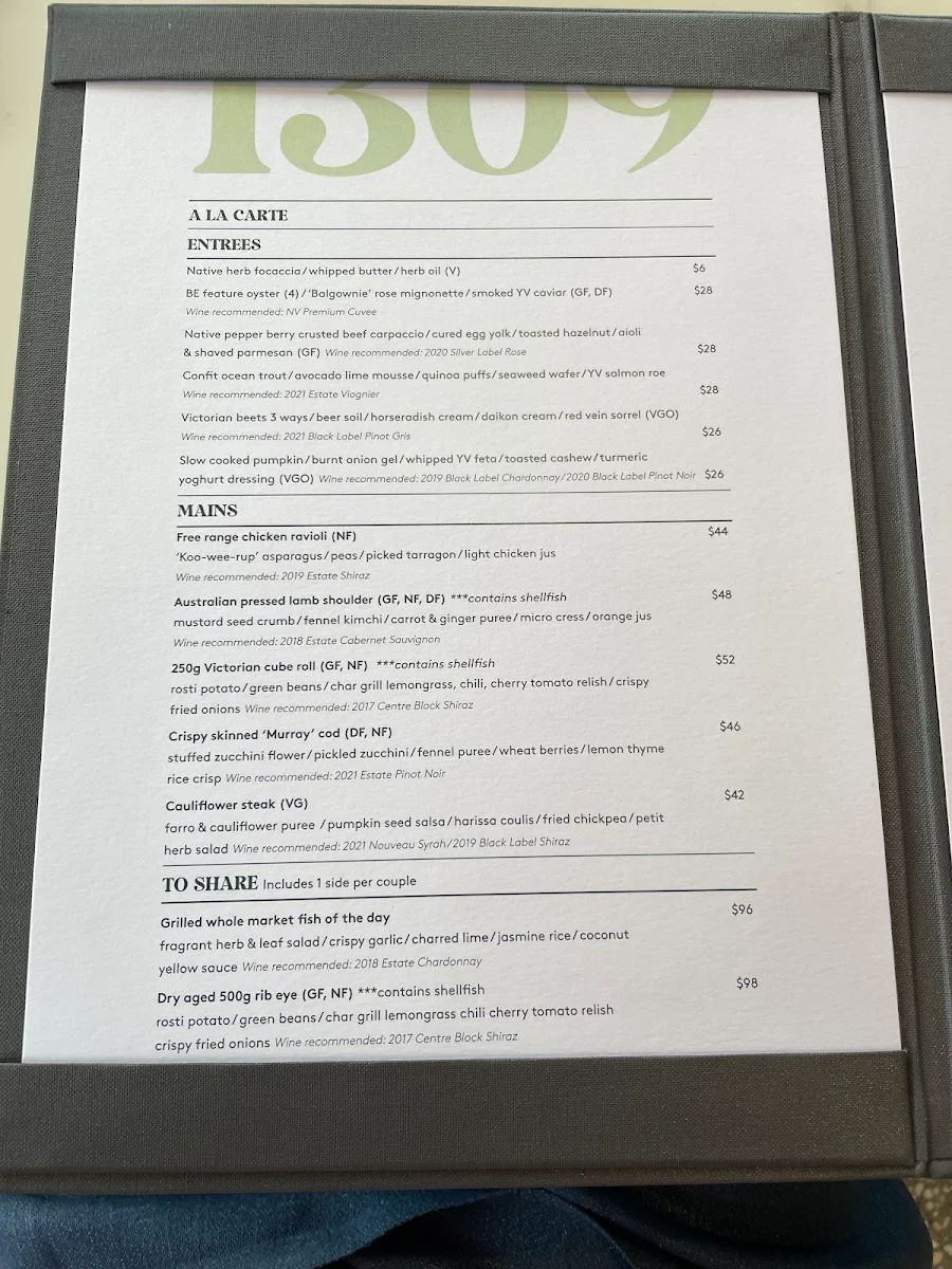 Menu, 1309 at Balgownie Estate