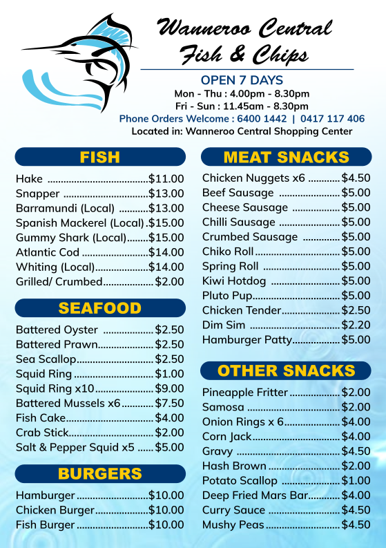 Menu, Wanneroo Central Fish & Chips