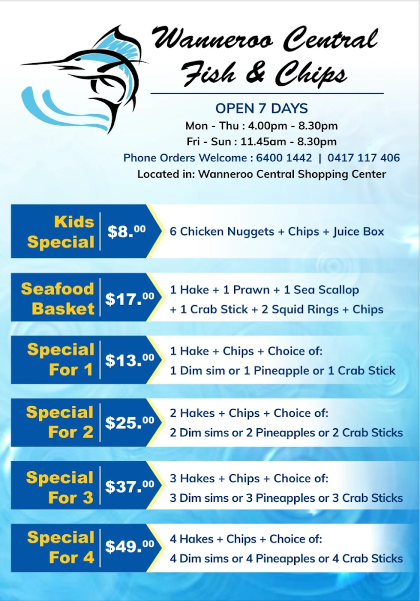 Menu, Wanneroo Central Fish & Chips