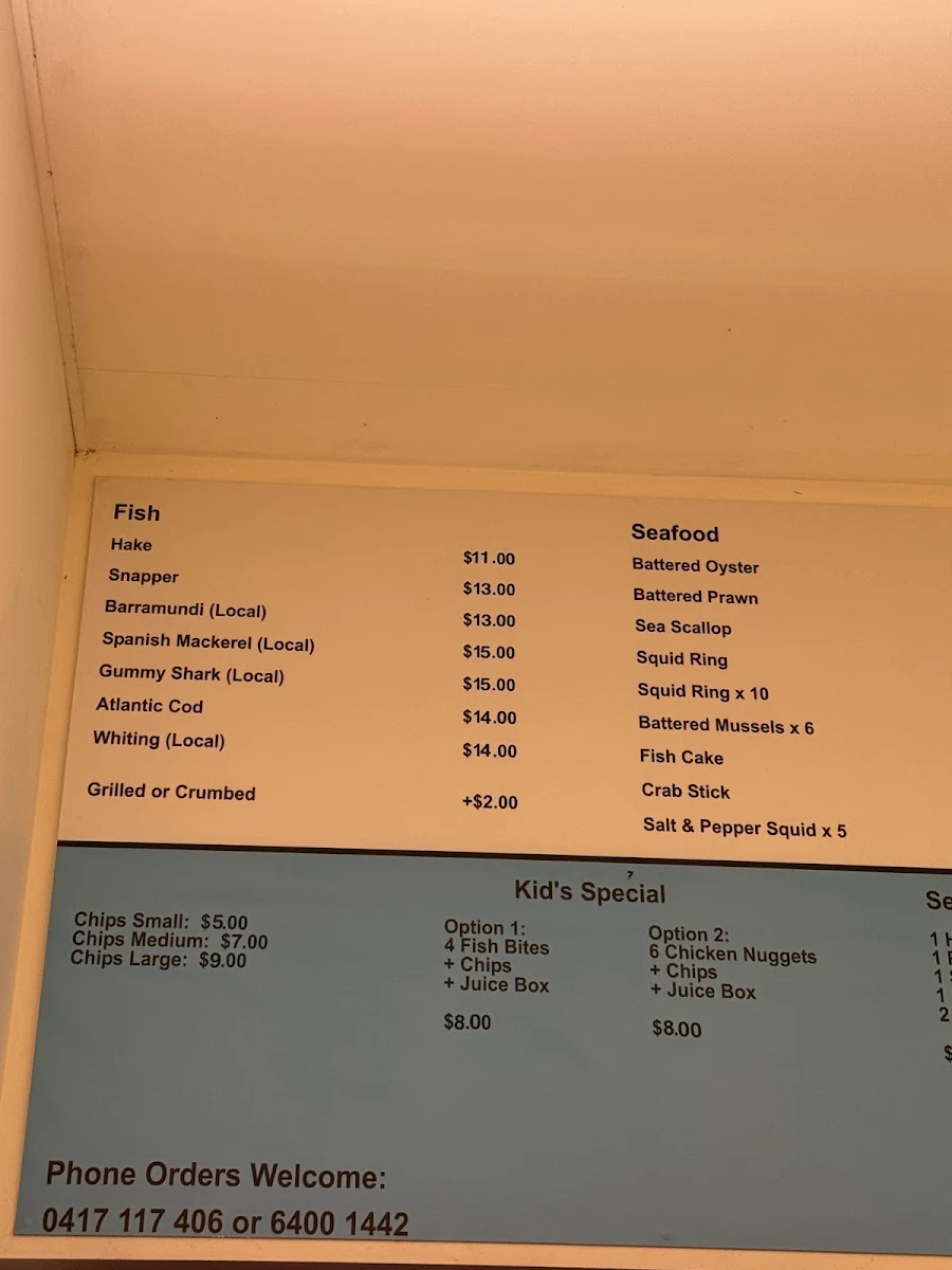 Menu, Wanneroo Central Fish & Chips