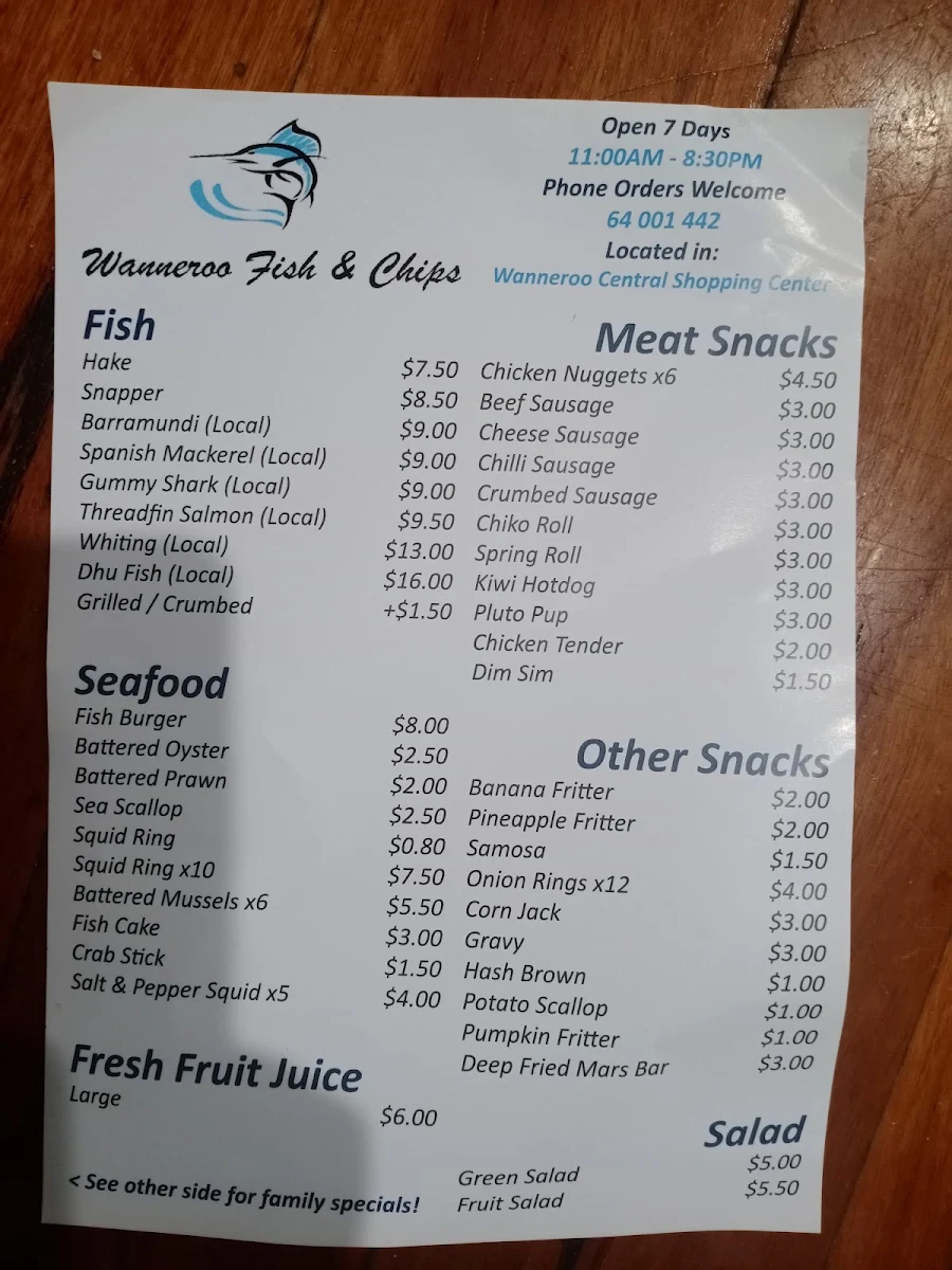 Menu, Wanneroo Central Fish & Chips