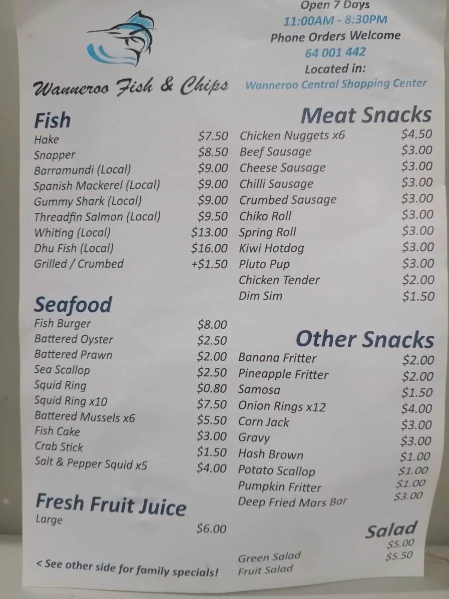 Menu, Wanneroo Central Fish & Chips