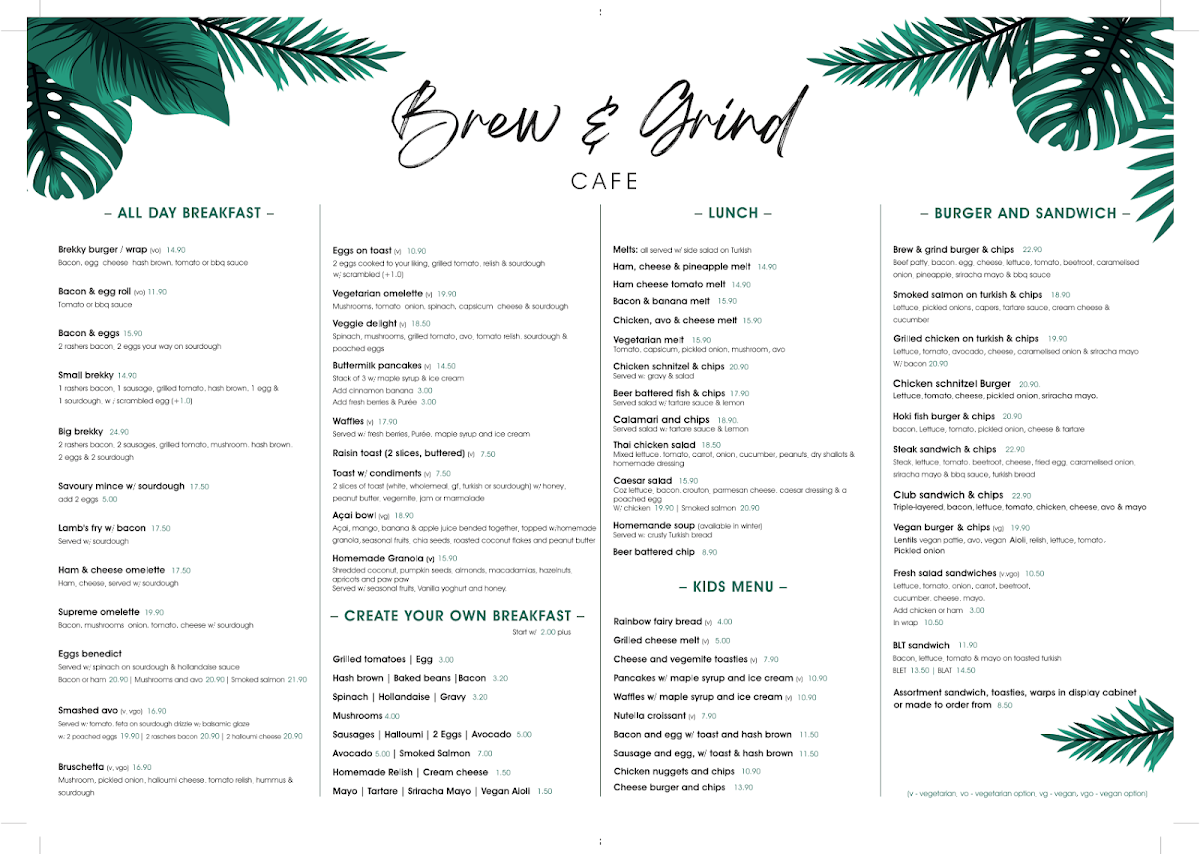 Menu, Brew and Grind Cafe