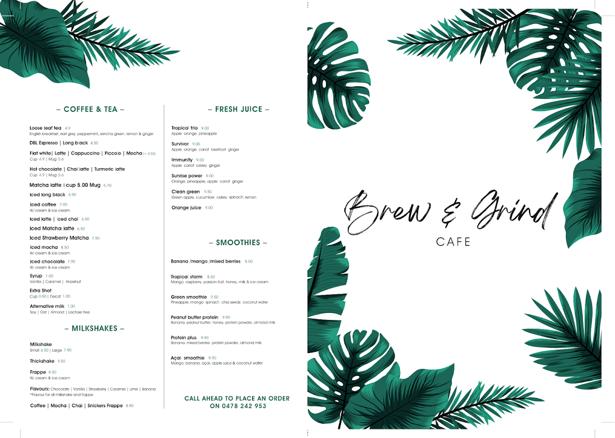 Menu, Brew and Grind Cafe