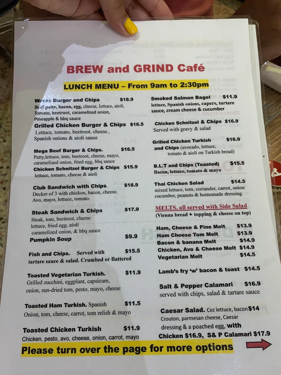 Menu, Brew and Grind Cafe
