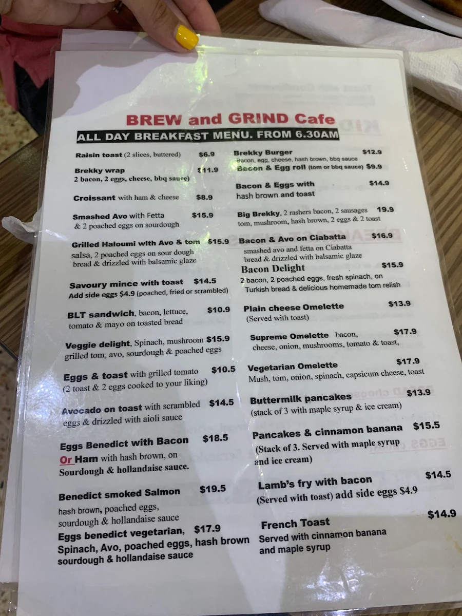 Menu, Brew and Grind Cafe