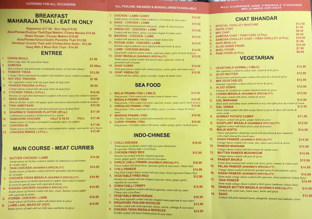 Menu, Sharma Indian Sweets & Curry House