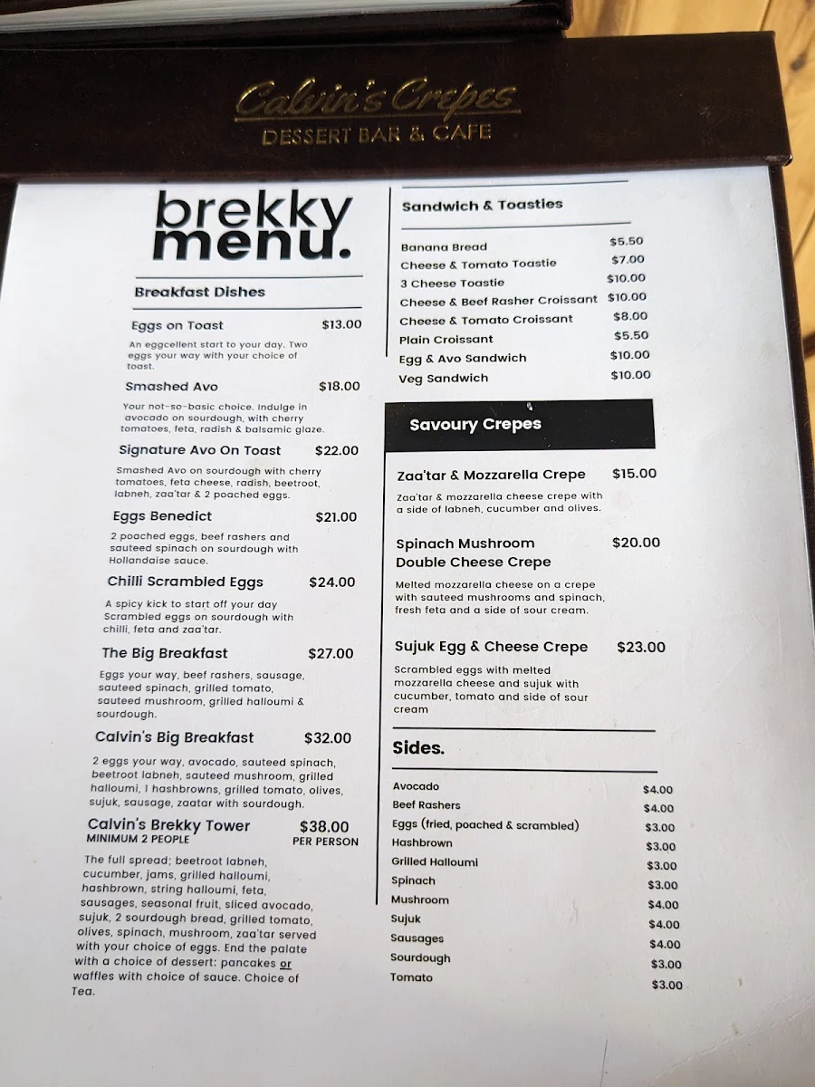 Menu, Calvins Crepes - Belmore