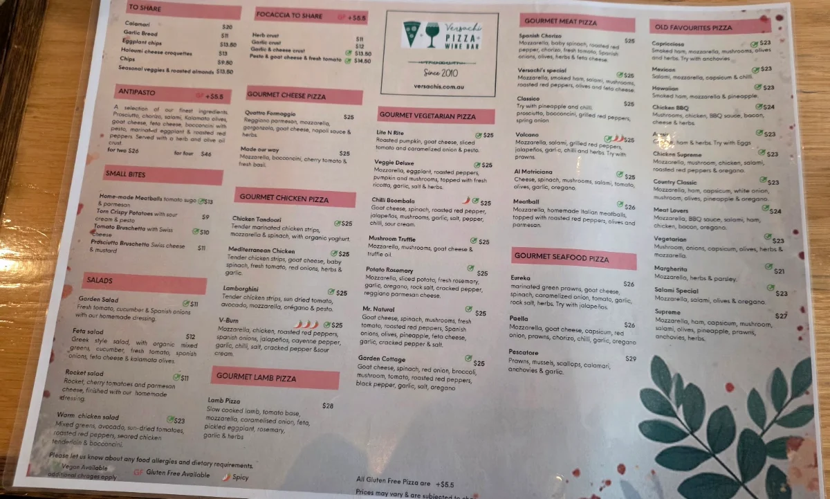 Menu, Versachis Pizza & Wine Bar South Yarra