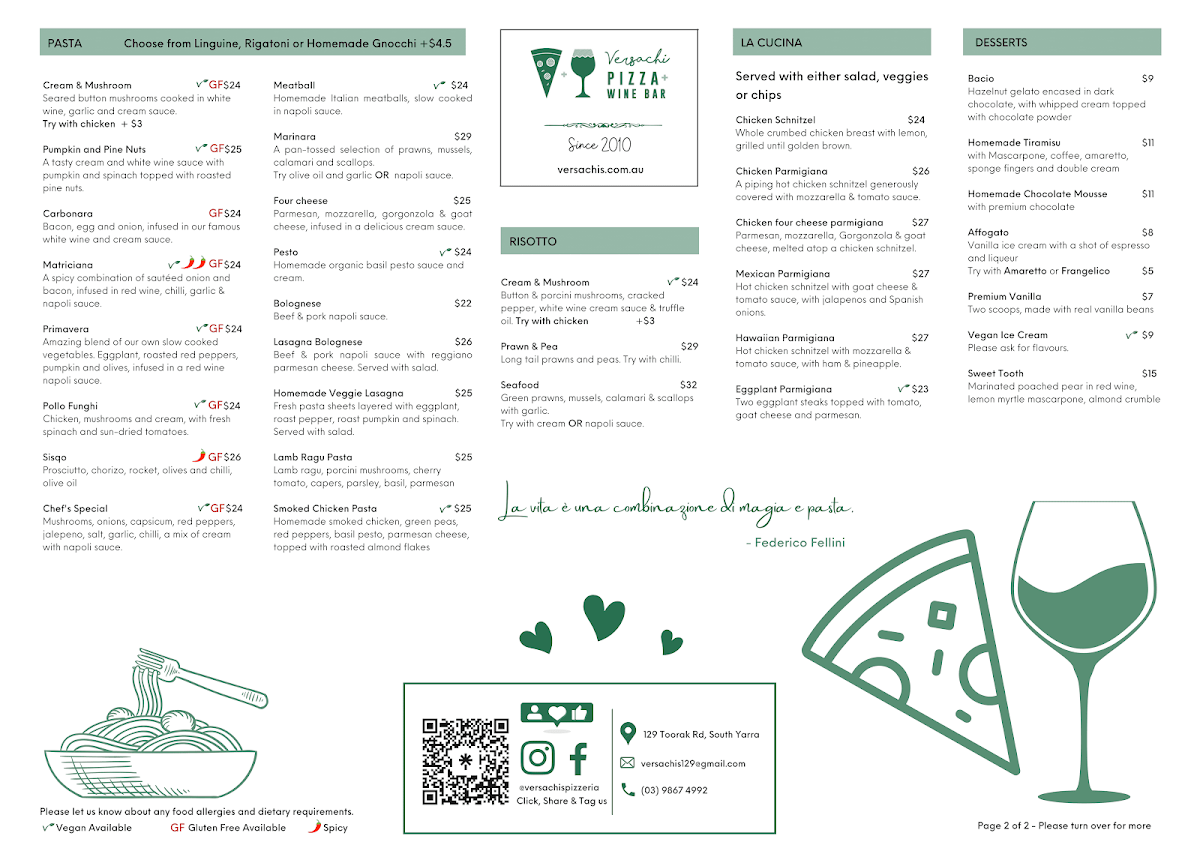 Menu, Versachis Pizza & Wine Bar South Yarra