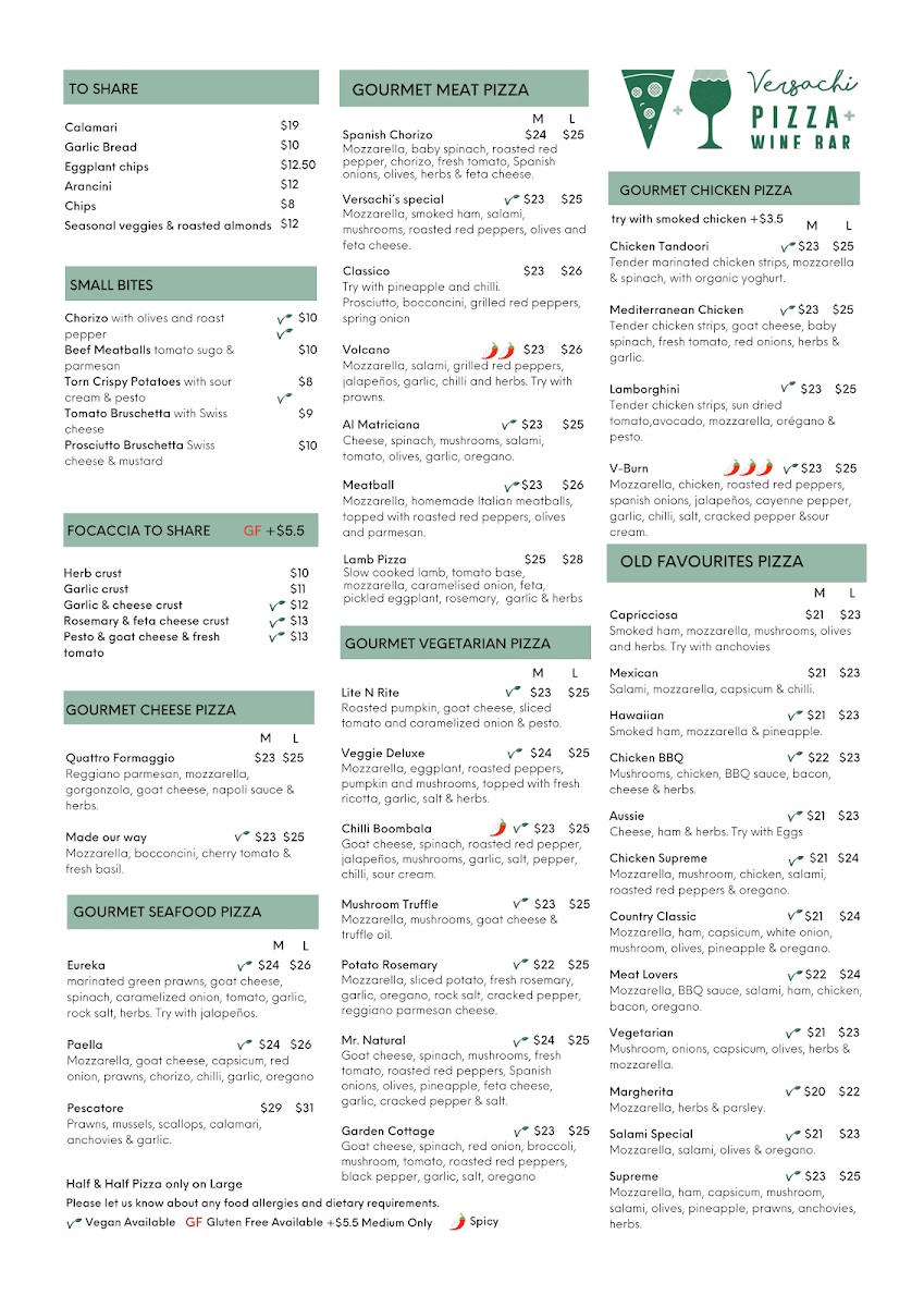 Menu, Versachis Pizza & Wine Bar South Yarra