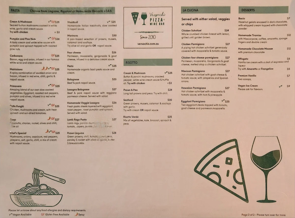 Menu, Versachis Pizza & Wine Bar South Yarra