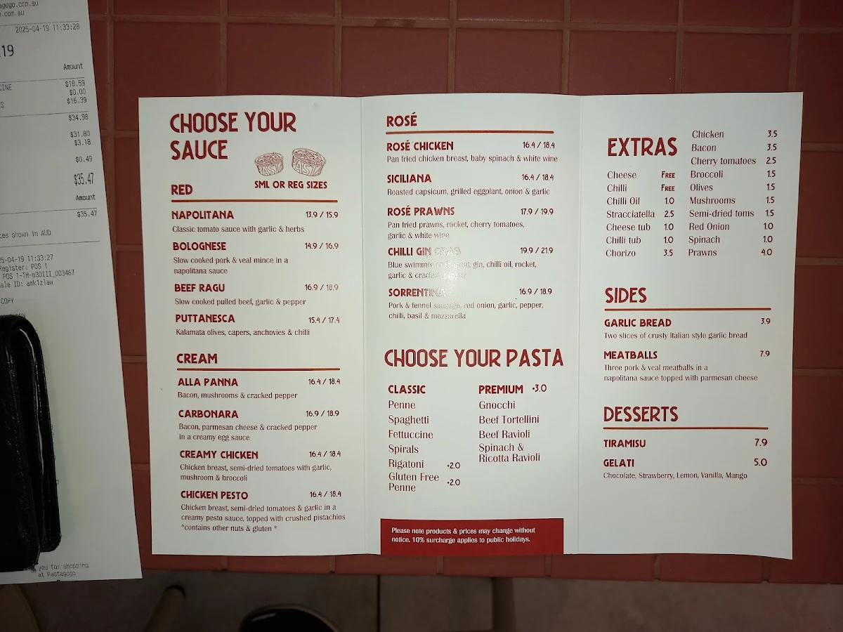 Menu, Pastagogo Hawthorn