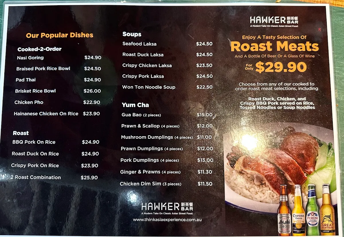 Menu, Hawker Bar (Adelaide Airport)