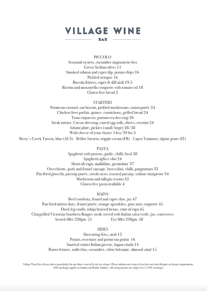 Menu, Village Wine Bar