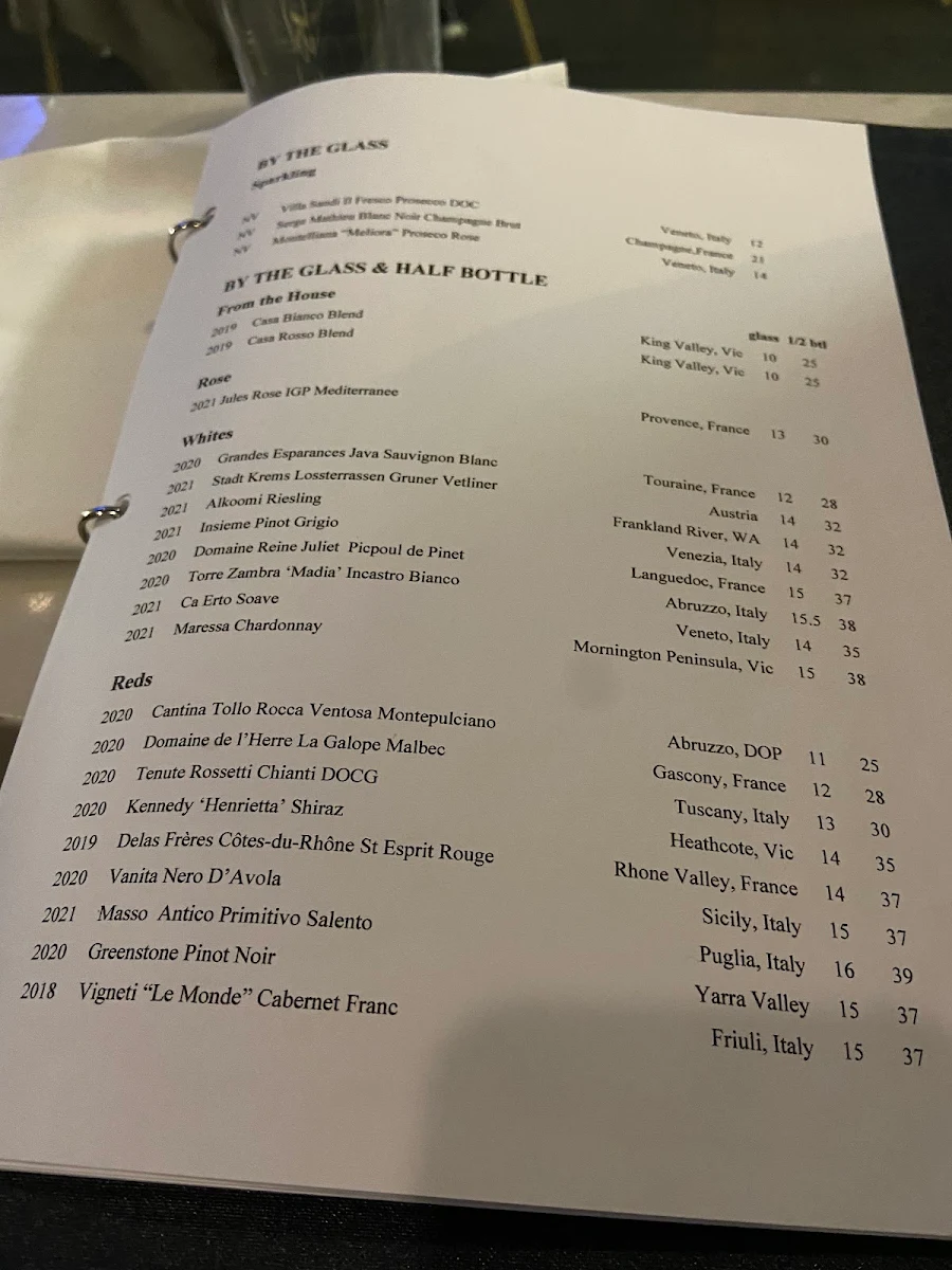 Menu, Village Wine Bar