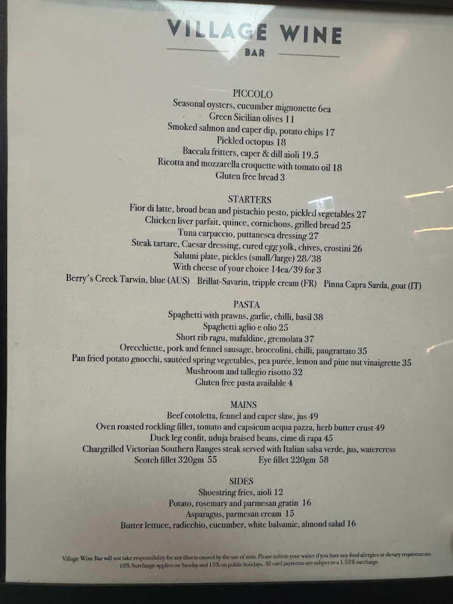 Menu, Village Wine Bar