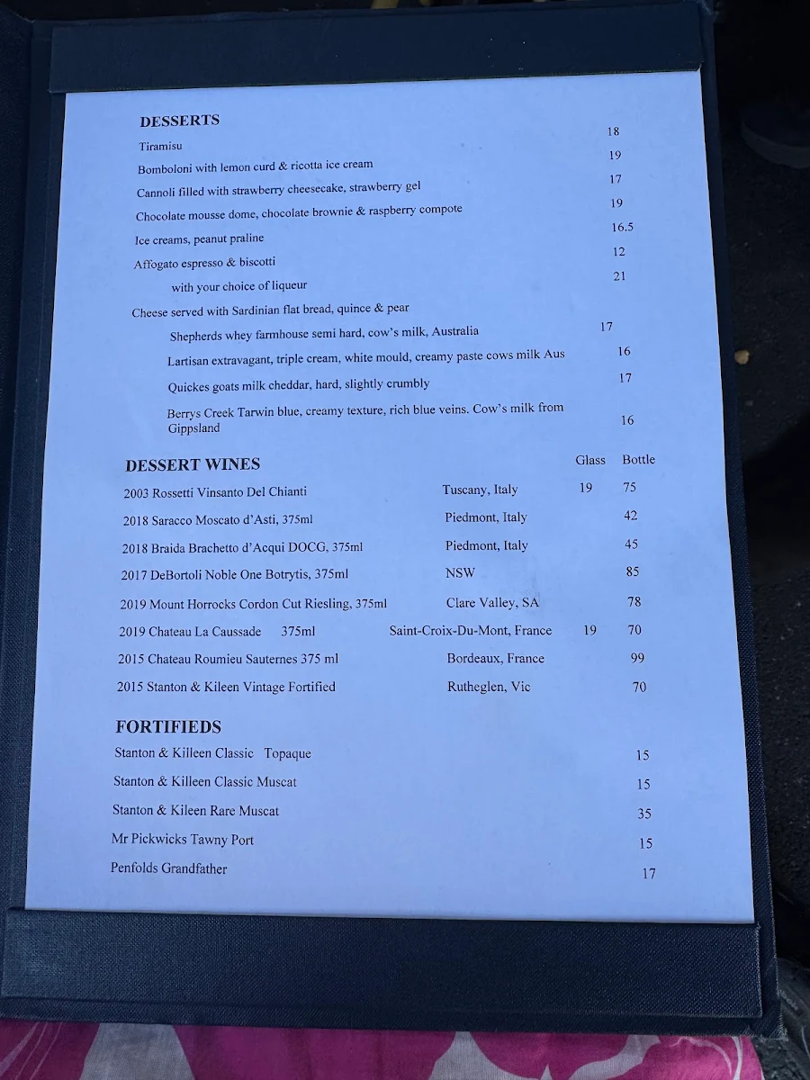 Menu, Village Wine Bar