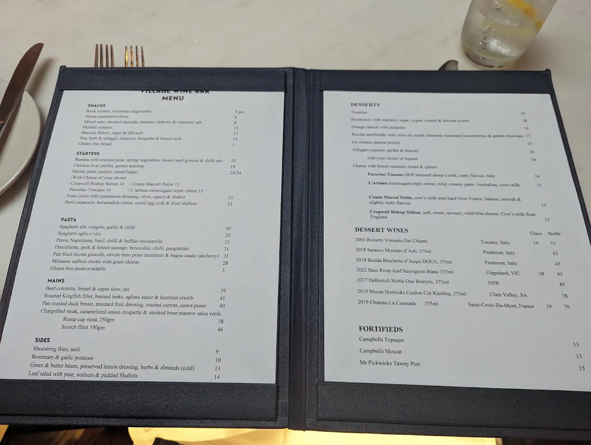 Menu, Village Wine Bar