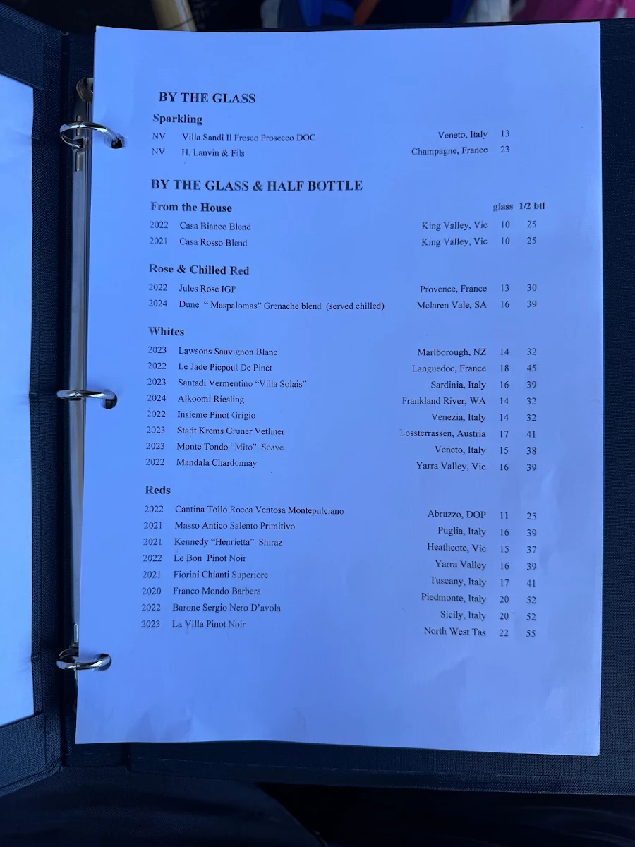Menu, Village Wine Bar