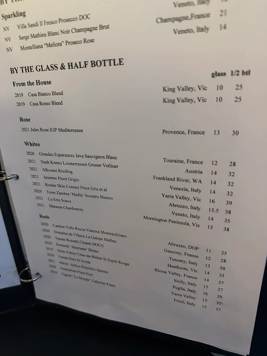 Menu, Village Wine Bar
