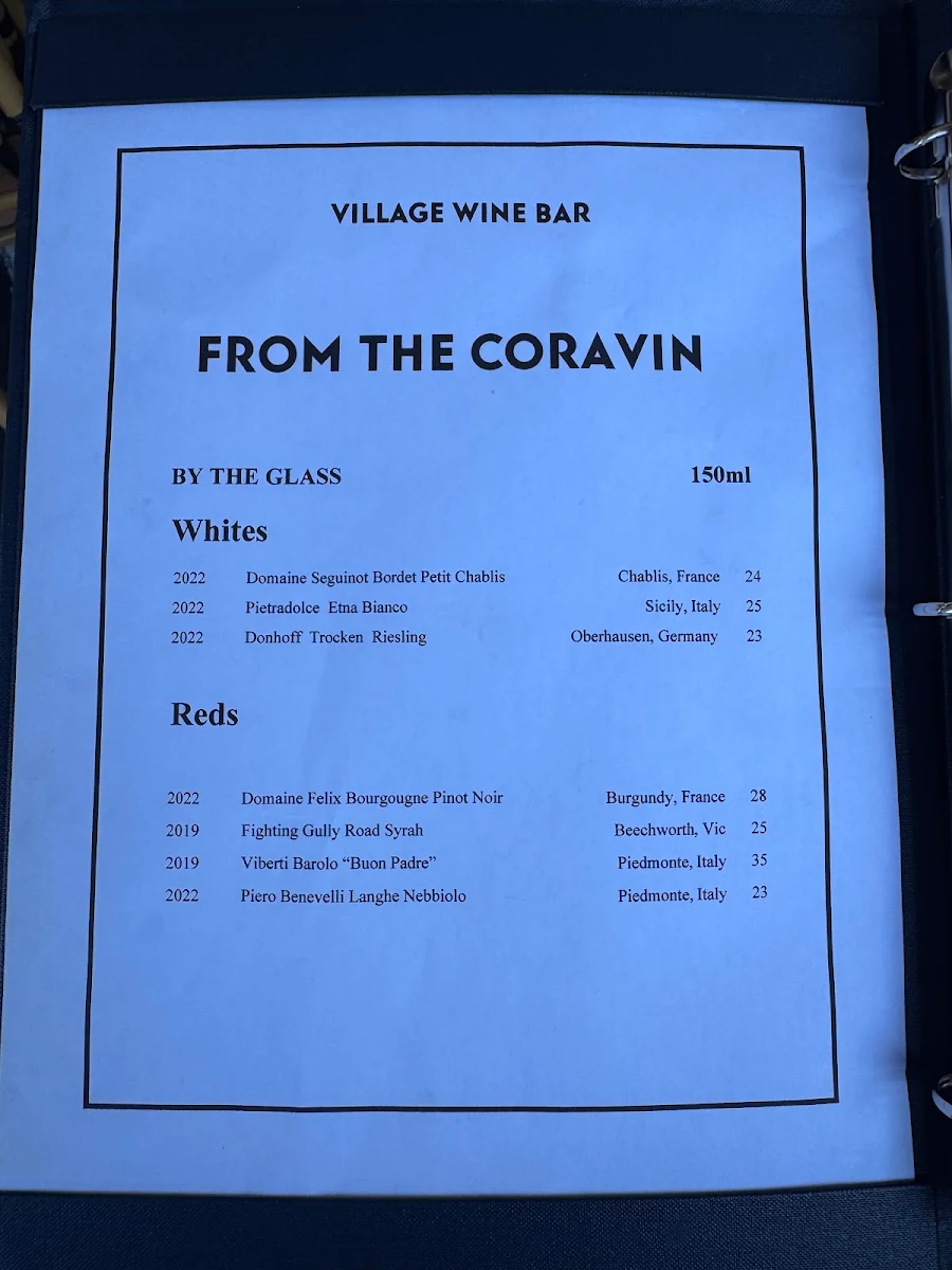 Menu, Village Wine Bar