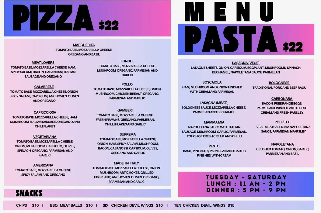 Menu, Concourse bar wynyard