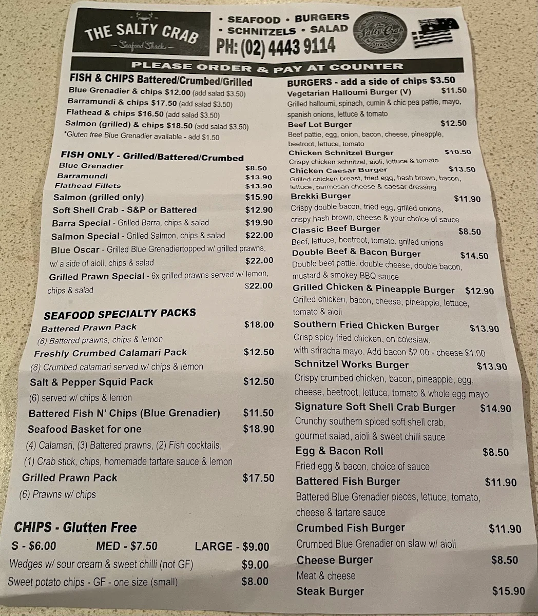 Menu, The Salty Crab