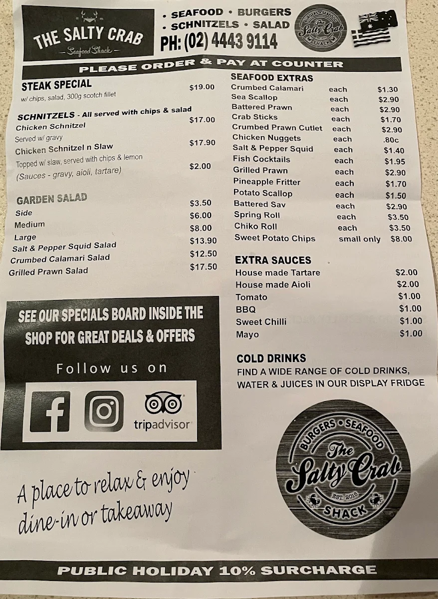 Menu, The Salty Crab