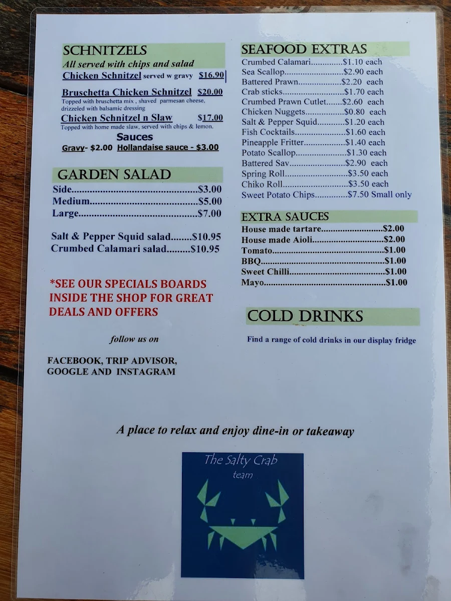 Menu, The Salty Crab