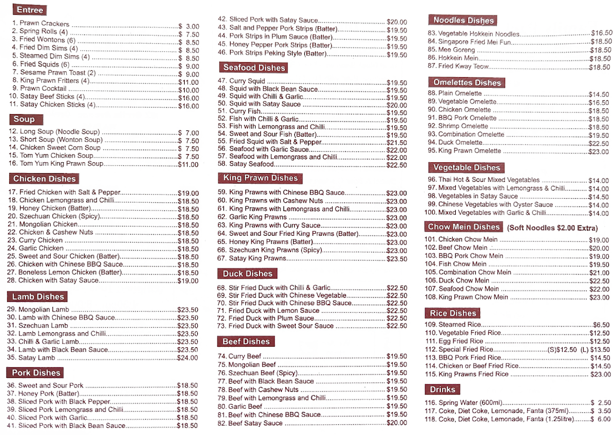 Menu, Orelia Chinese & Asian Cuisine Take Away