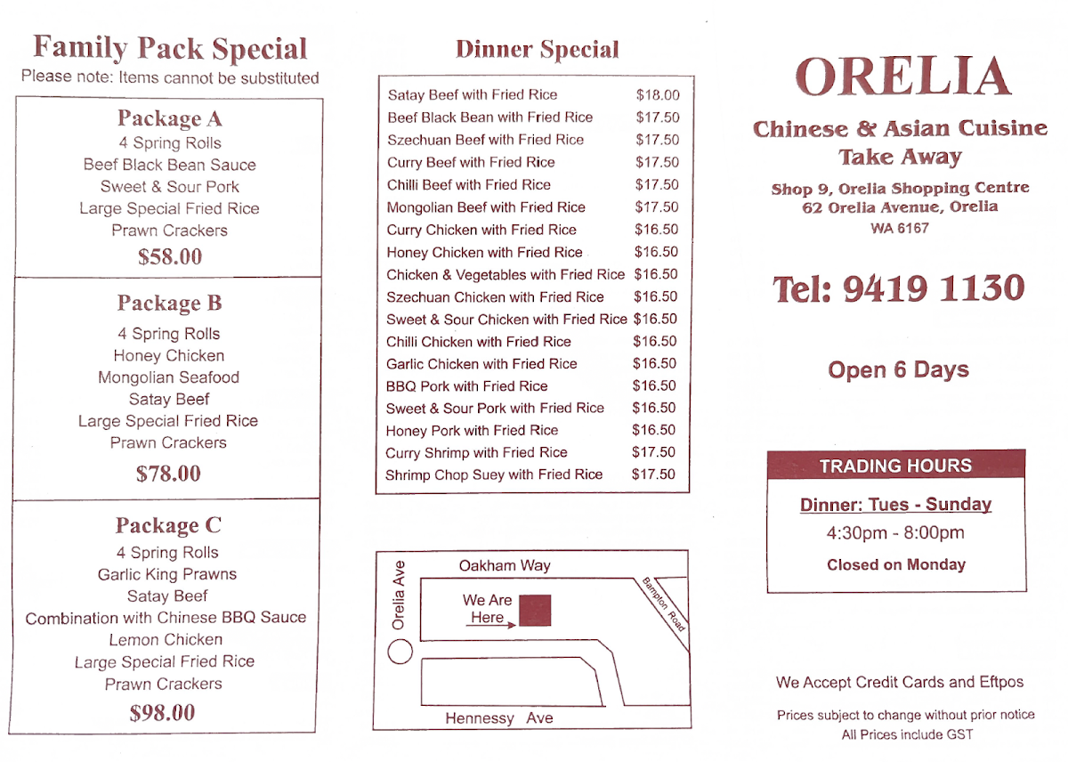 Menu, Orelia Chinese & Asian Cuisine Take Away