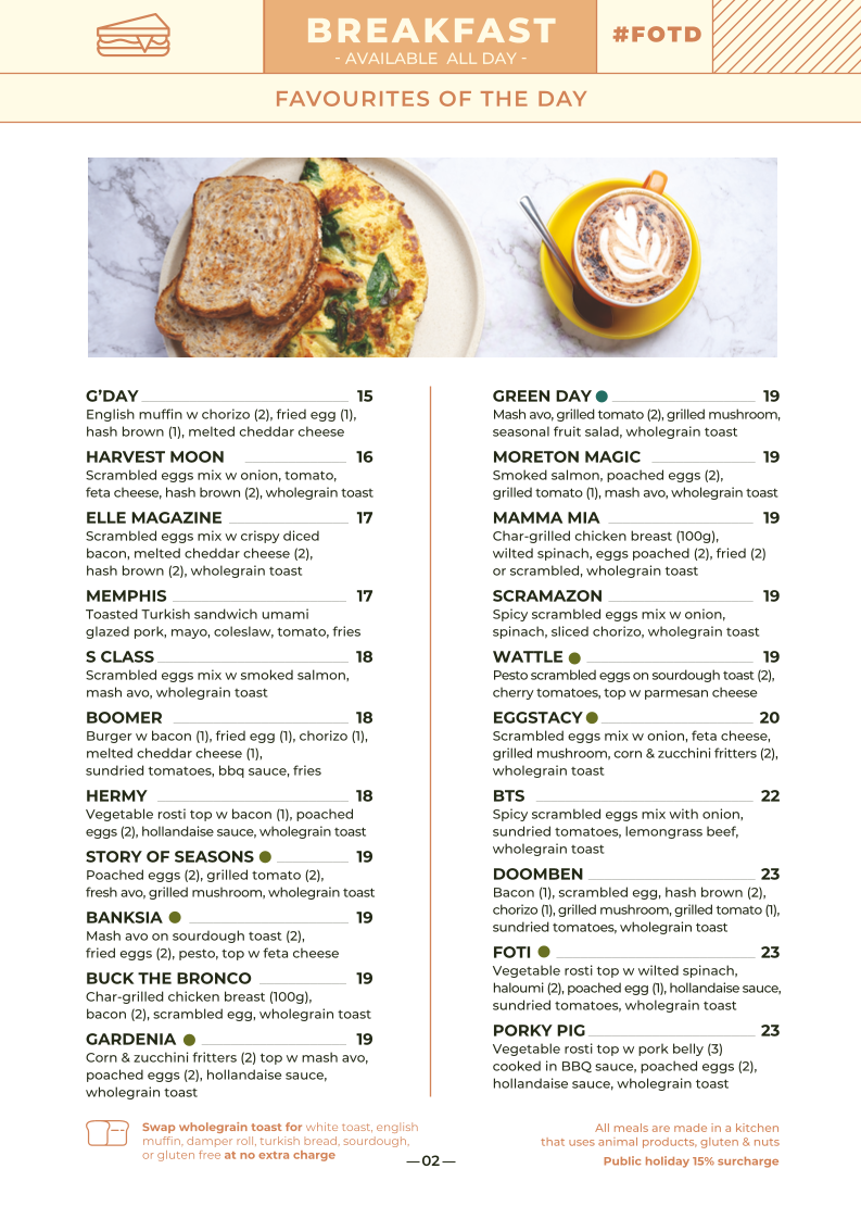 Menu, H Cafe & Bar Deception Bay