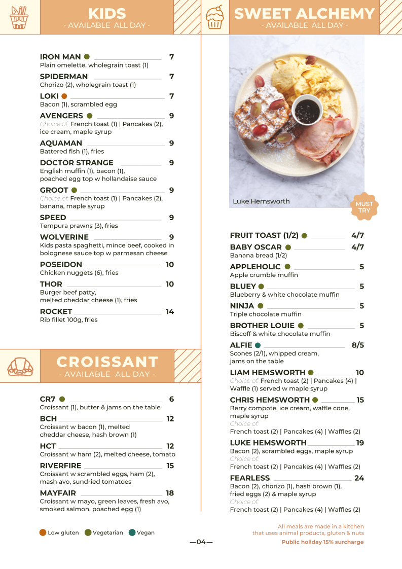 Menu, H Cafe & Bar Deception Bay