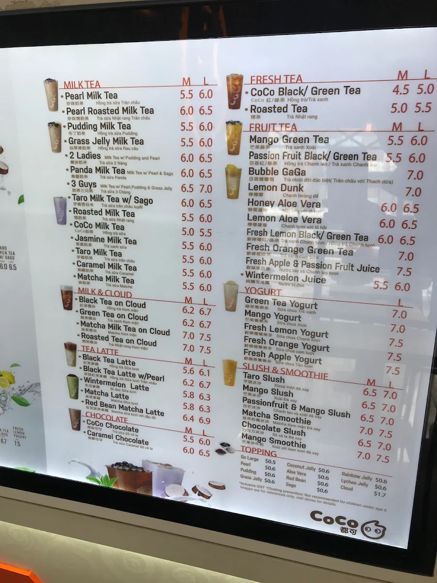 Menu, CoCo Bubble Tea