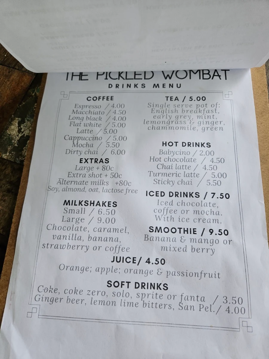 Menu, The Pickled Wombat