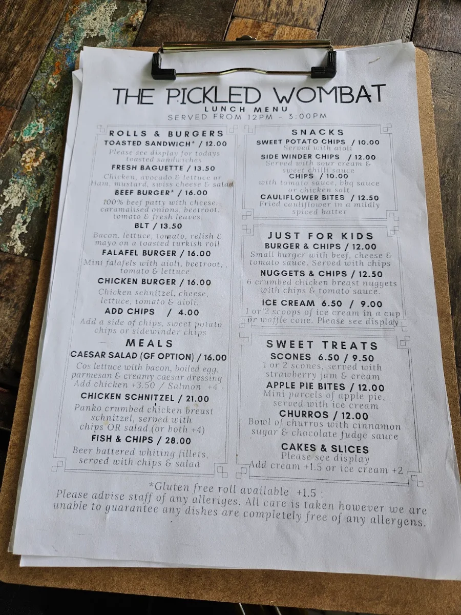 Menu, The Pickled Wombat