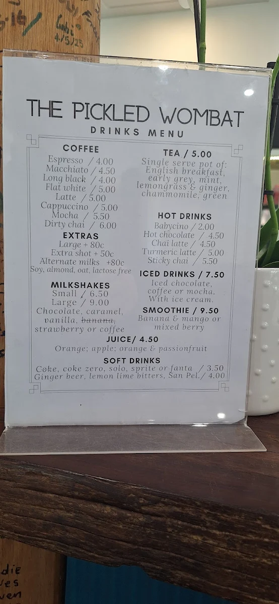 Menu, The Pickled Wombat