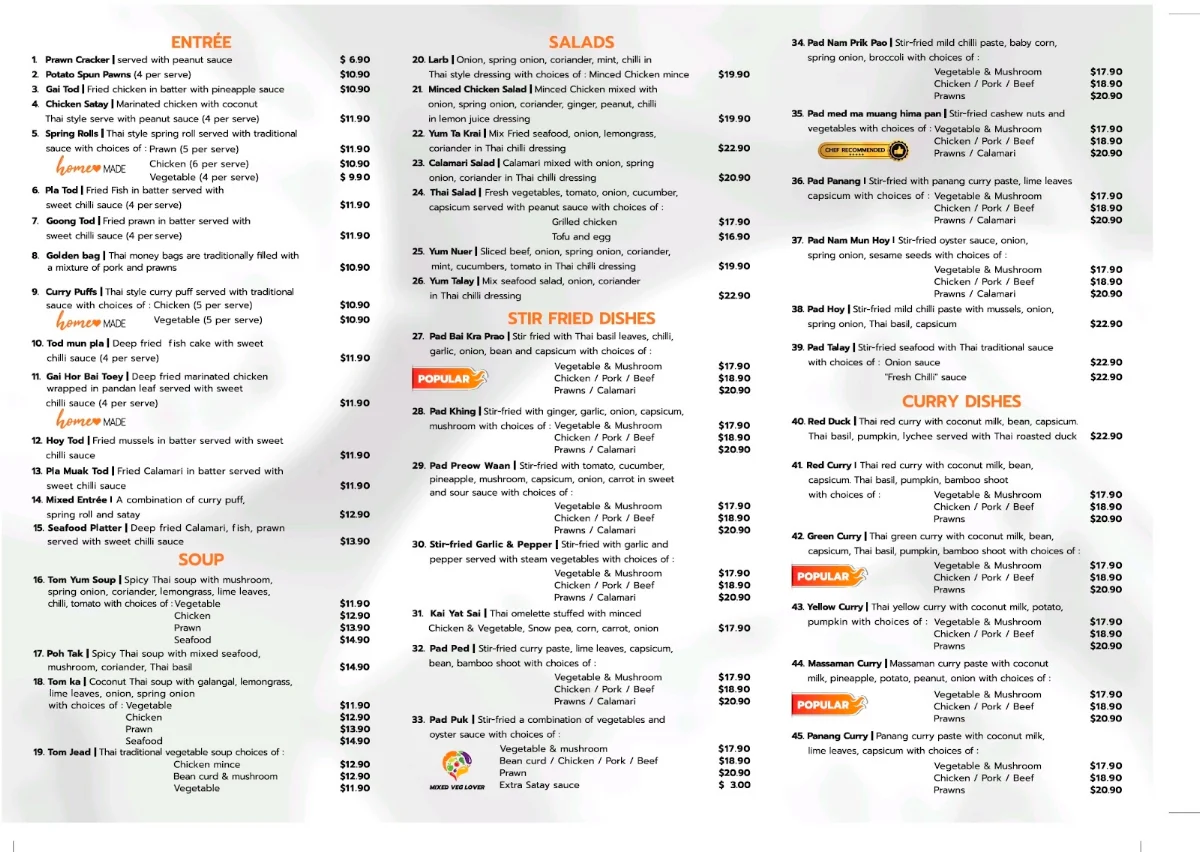 Menu, Fresh Chilli Thai Restaurant (Wyndham Vale)