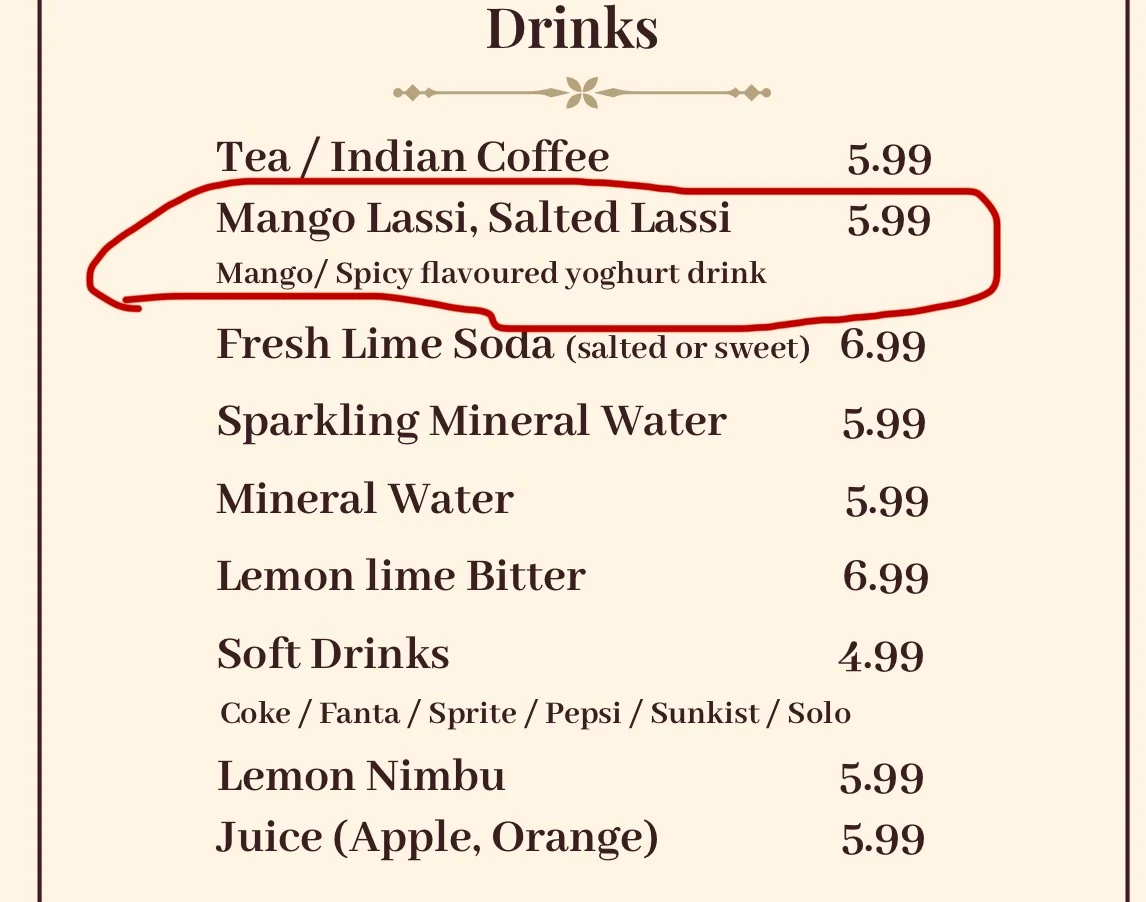 Menu, Maharaja Epping