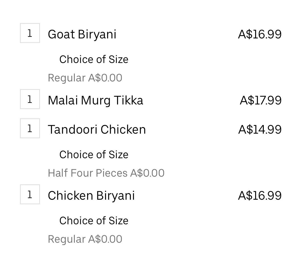 Menu, Maharaja Epping