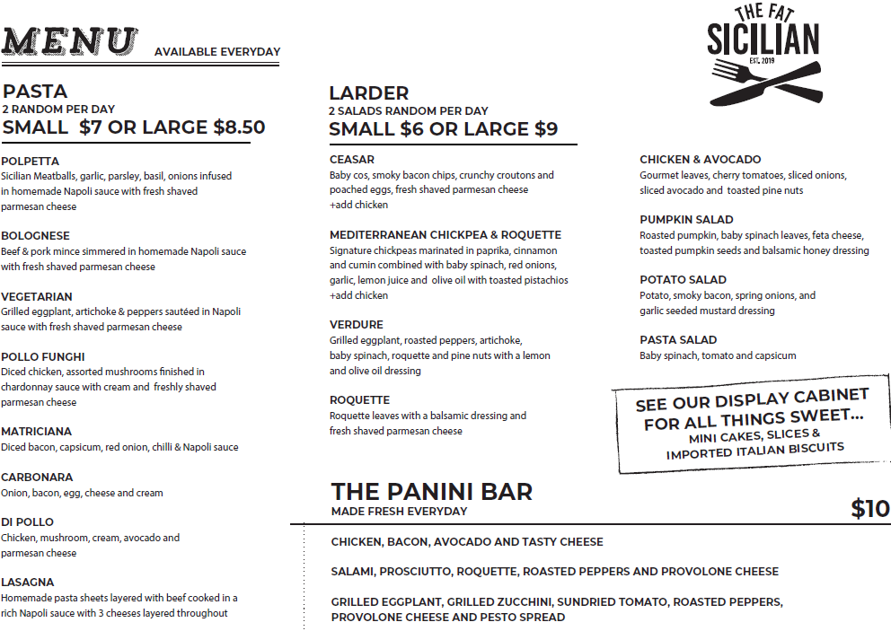 Menu, The Fat Sicilian