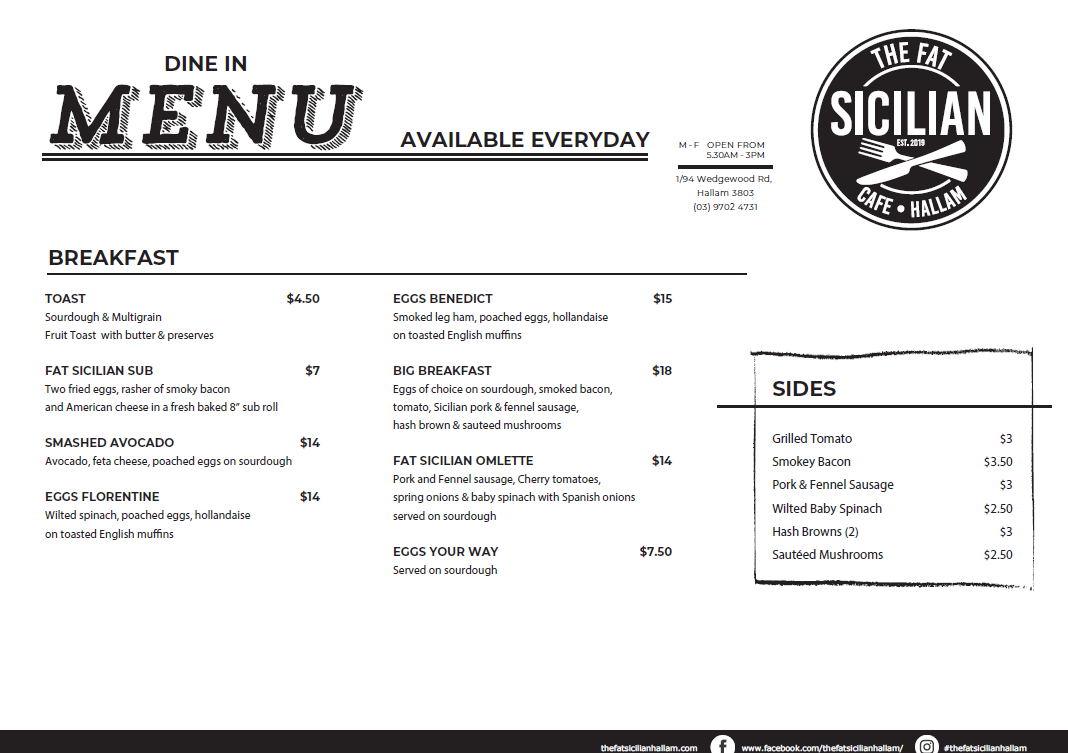 Menu, The Fat Sicilian