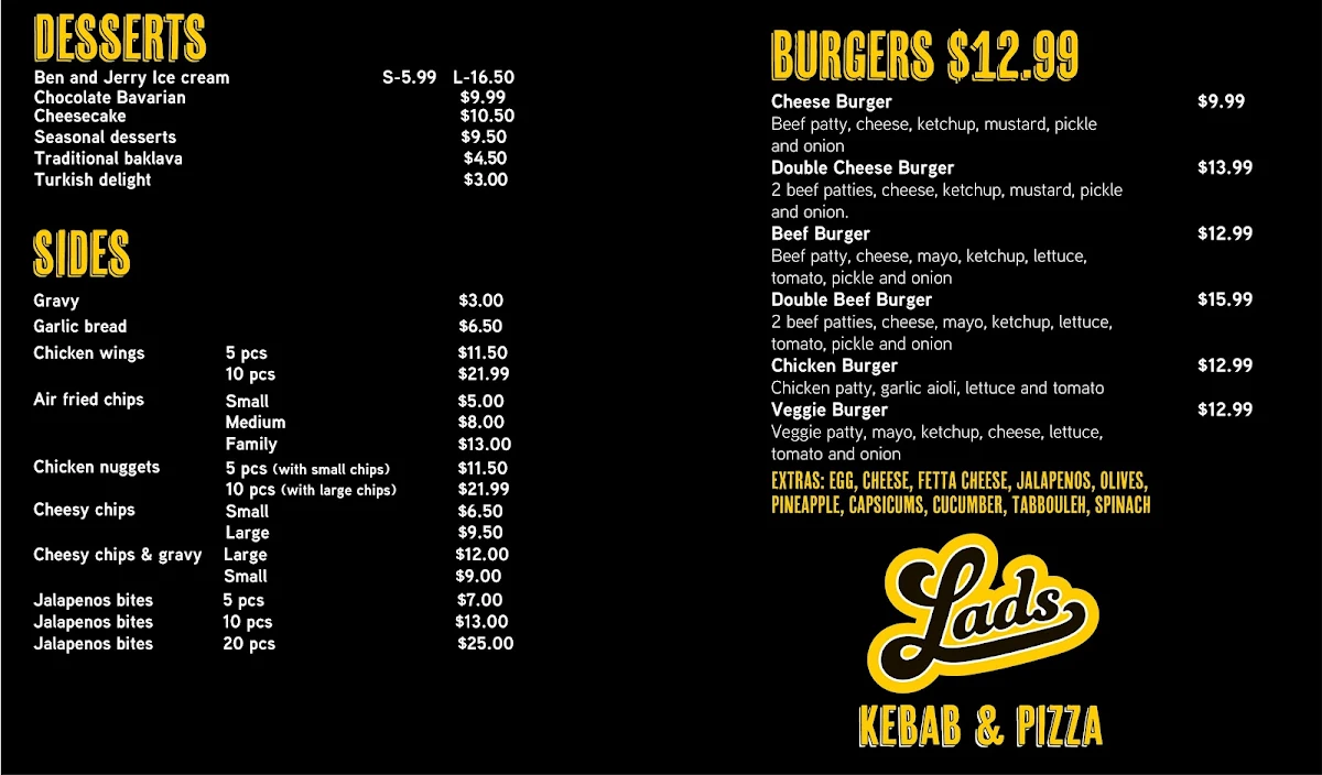Menu, Lads Kebab & Pizza Halls Head